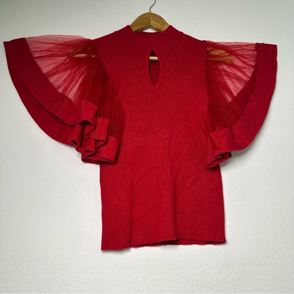 7 Avenue High Neck With Sheer Flutter Sleeve & Key Hole Neck Holiday Christmas - Picture 10 of 11